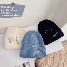 

Baby Cute Knitted Hat 2022 Autumn And Winter European And American Tide Brand Happy Smiley Embroidery Children's Warm Woolen Hat