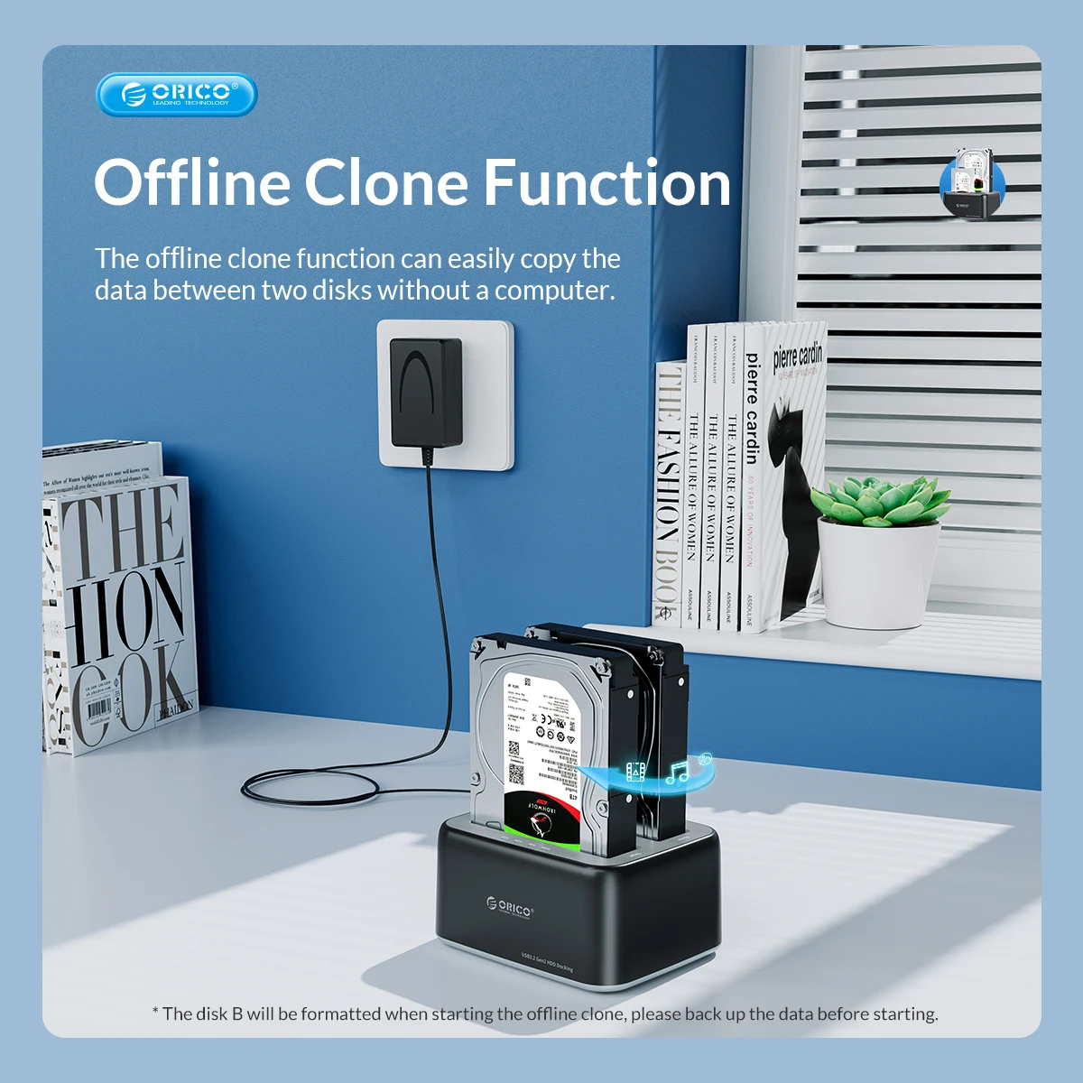 Orico Estação de Ancoragem 2.5 3.5 Polegada Sata para Tipo-c Usb3.2 10gbps Gen2 Hdd Case com Clone Offline 12v3a Fonte de Alimentação - Imagem 5