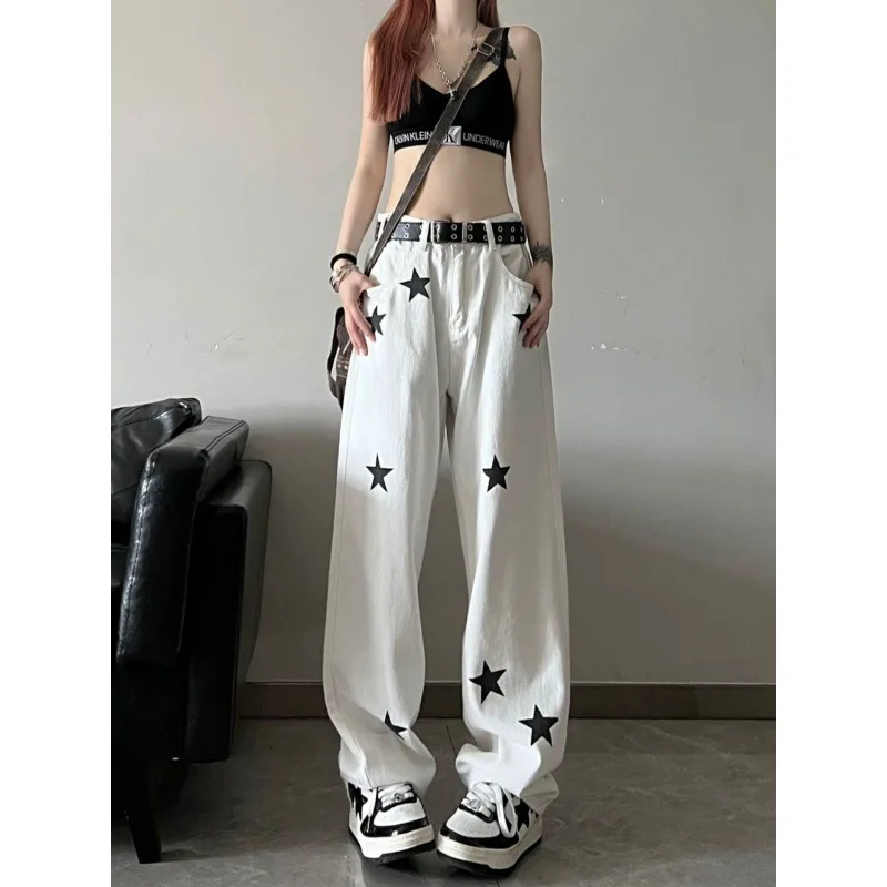 New High Street Star Print White Black Jeans Women's Denim Pants Korean Fashion Streetwear Y2k Clothes Pant Clothing High Waist