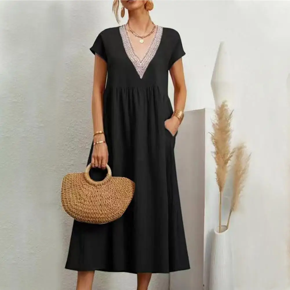 

Women Summer Dress V Neck Short Sleeve Solid Color Loose A-line Pleated Soft Pockets Mid-calf Length Bech Midi Dress