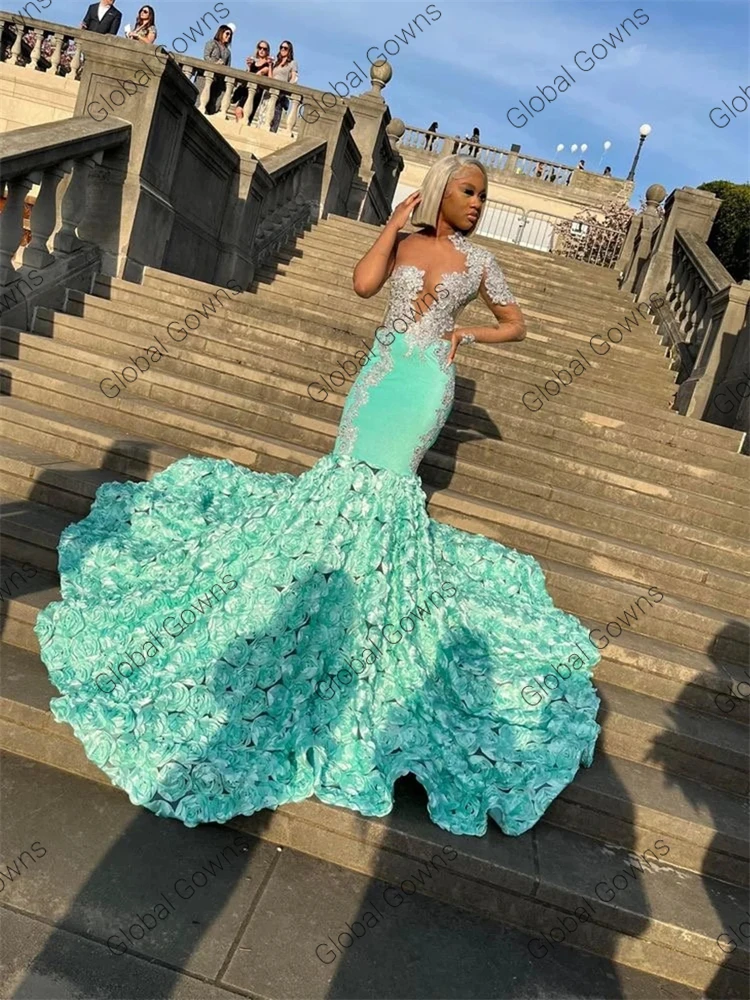 Mint Green Sheer O Neck Long Prom Dress For Black Girls Beaded Appliques Birthday Party Gowns Ruffles Evening Dresses Mermaid