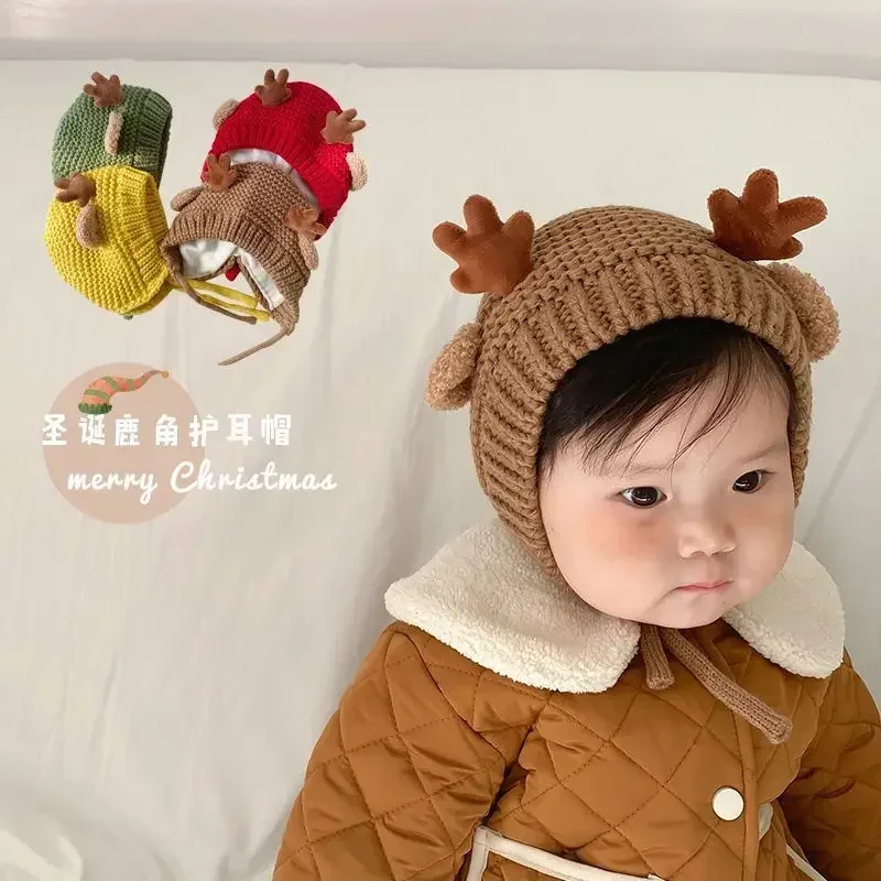 

Christmas Gift Elk Ears Baby Beanies Antlers Toddler Crochet Bonnet Infant Wool Knitted Hat Girl Boy Earmuffs Cap Winter Warmer