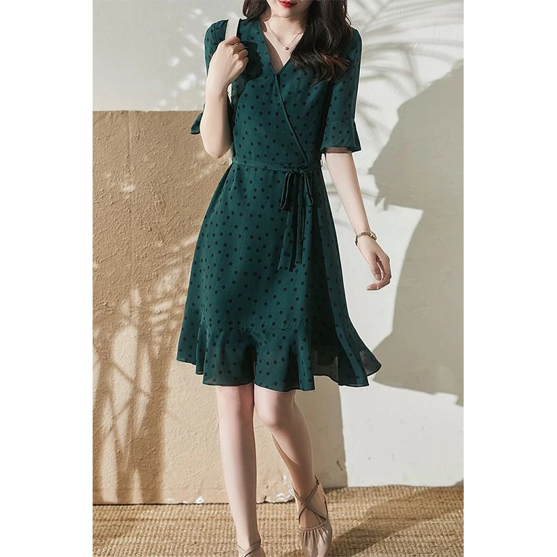 

Summer New Elegant 5XL Fashion Midi Dress Ladies V-neck Dot Print Loose Aesthetic Beach Vestidos De Fiesta Holiday Robe Dresses