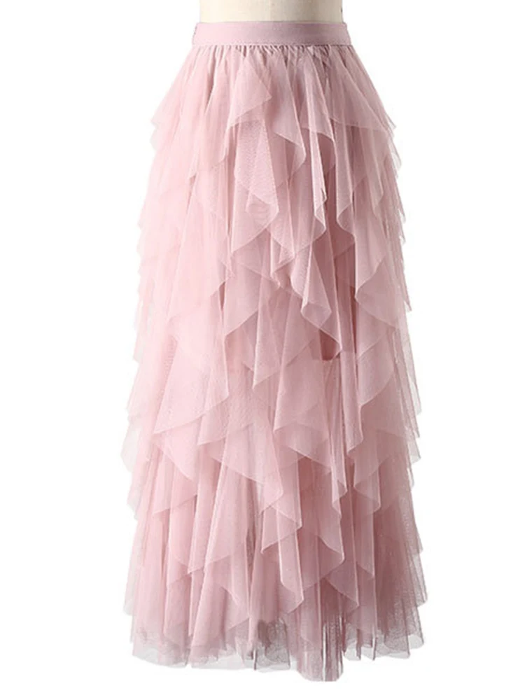 Tutu Tulle Long Maxi Skirt Women Fashion 2022 Korean Cute Pink High Waist Pleated Skirt Mesh Female Lady Aesthetic Faldas 2