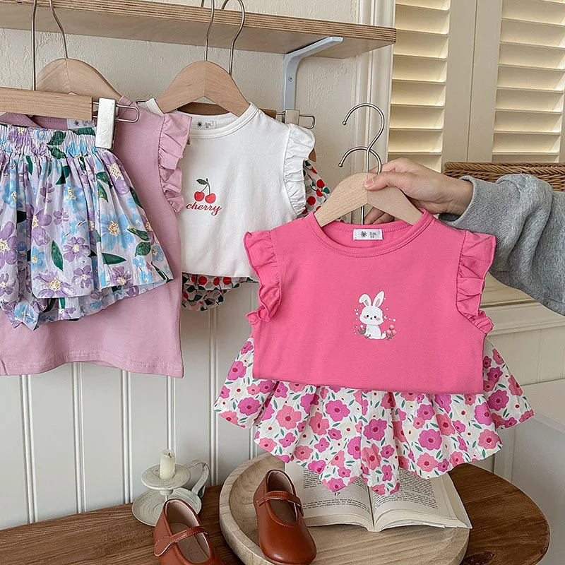 

2024 Summer Toddler Girl 2PCS Clothes Set Cartoon Flower Cherry Fly Sleeve Tops Suit Colorful Printed Shorts Toddler Girl Outfit