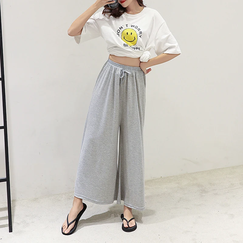Casual 2025 Lady Trend Elastic Waist Drawstring Lace-up Straight Loose Wide Leg Pants Solid Trouser Summer Solid Women Clothing