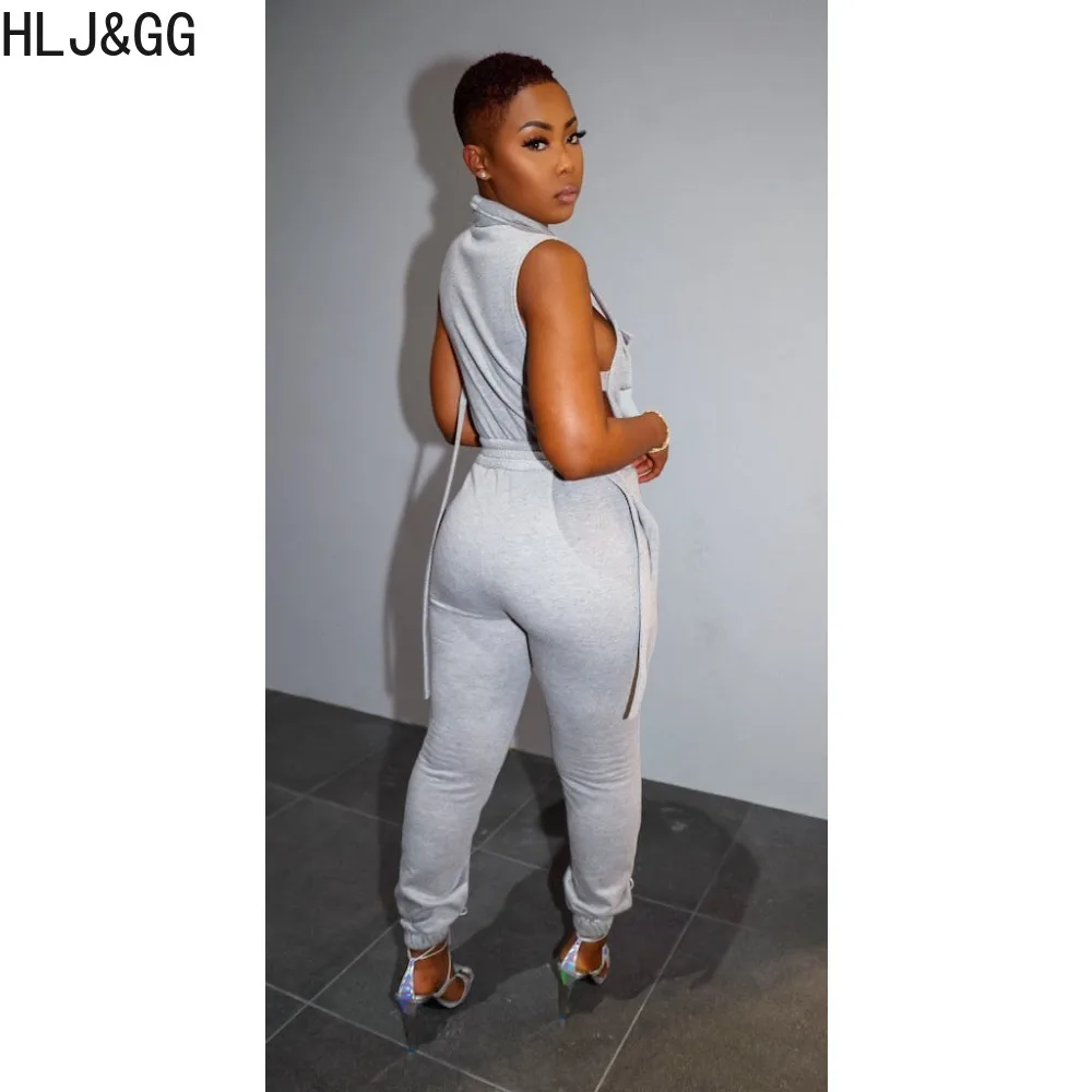 HLJ&GG Spring New Solid Side Hollow Out Jumpsuits Women Turndown Collar Zipper Drawstring Cargo Pants Playsuits Female Overalls