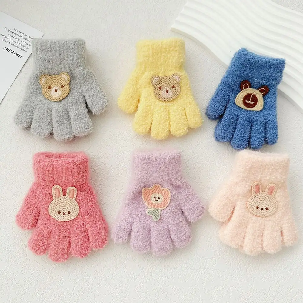 Cute Baby Gloves Cartoon Full Fingers Mittens Warm Gloves Autumn Solid Color Fluffy Knitted Mittens Thicken Bow Outdoor Gloves 6