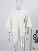 Solid Summer Lace Patchwork T-shirt For Women Chic Short Sleeve O-neck Top All-match Casual Loose Lady Streetwear 2026 - Image 3