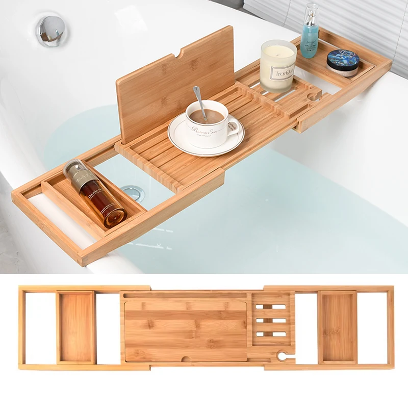 Expandable Wooden Bathtub Tray Home Storage Accessories Soap Dish Non Slip Tablet Bathroom Storage Holder Bathroom Trays
