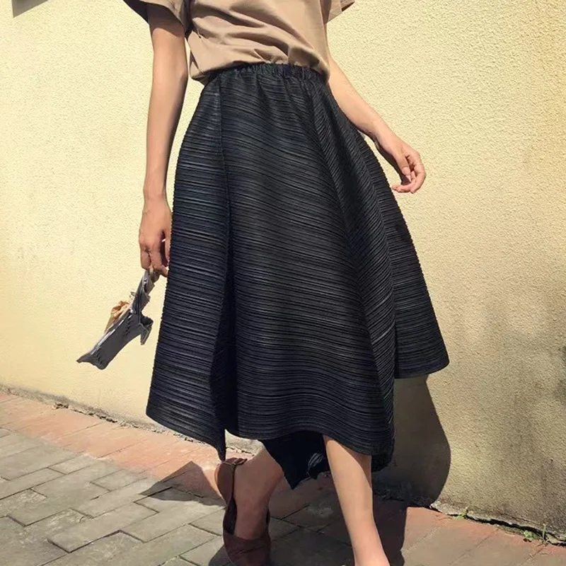 Summer New Solid Color Elastic Waist Wide Leg Trousers Women High Street Pleated Asymmetrical Pockets Patchwork Knee Length Pant belle poque women plaid skirt elastic high waist buttons decorated a line skirts knee length pleated midi skirt with pockets a30