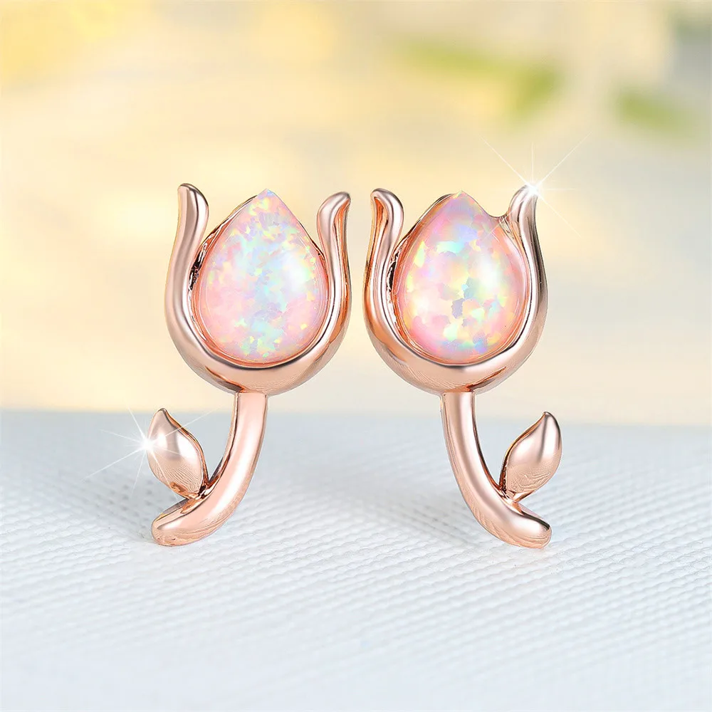 White Fire Opal Water Drop Stone Rose Flower Stud Earrings For Women Rose Gold Silver Color Wedding Jewelry Valentine's Day Gift