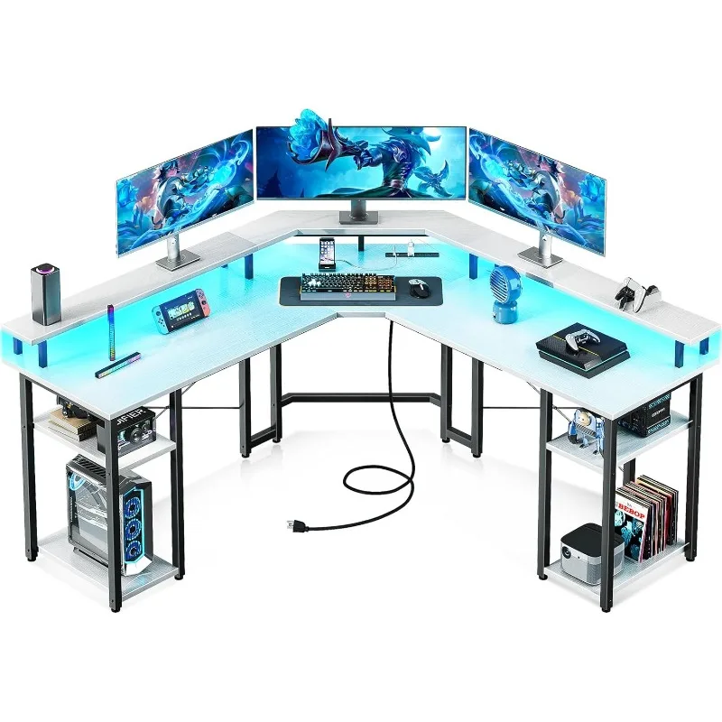 

L Shaped Gaming Desk with LED Lights & Power Outlets, Reversible 56" Computer Desk with Full Monitor Stand & Storage Shelves