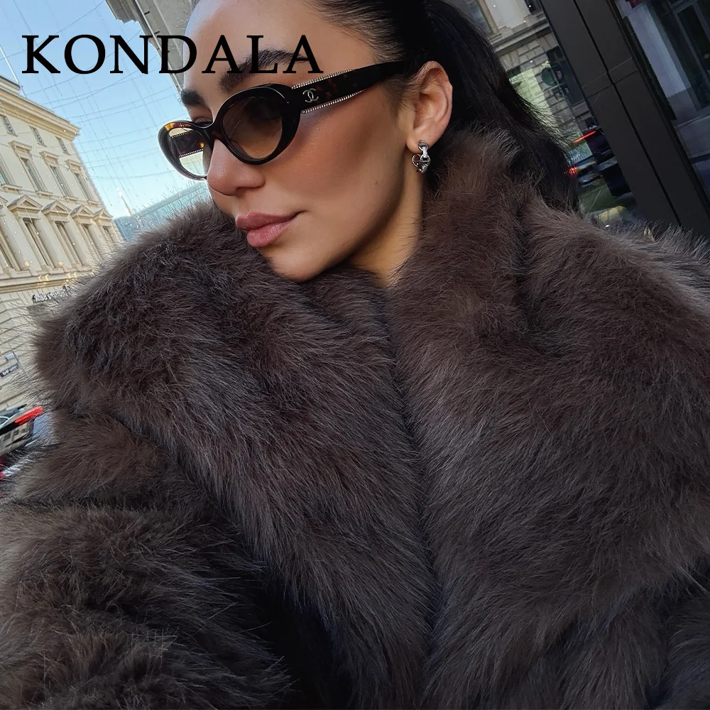 KONDALA 2025 automne hiver décontracté fausse fourrure marron femmes vestes chaudes Streetwear col rabattu noël surdimensionné manteaux élégants