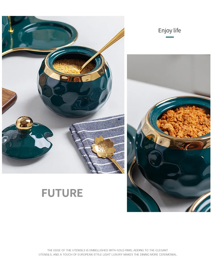 Description Picture 4 of itemCreative Gold-plated Ceramic Seasoning Jar Set with Lid Spice Box Pepper Chili Tank Oil Pot Food Storage Container Sugar Jar New