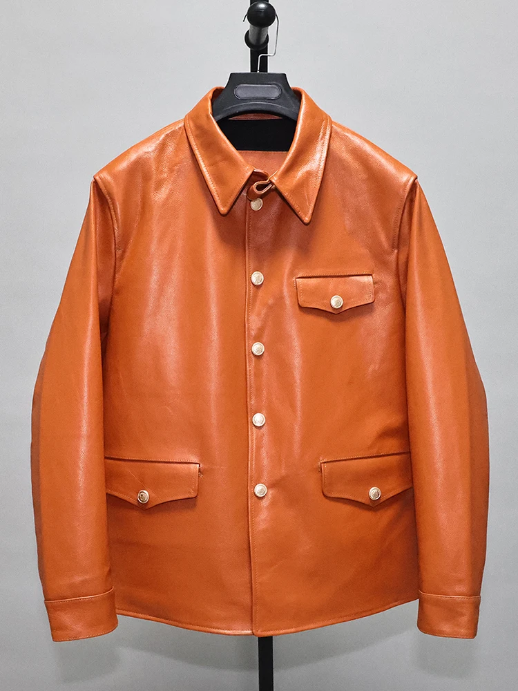 

New Arrival Men's Genuine Leather Coat Real Natural Cowhide Jacket for Male High Street Spring Autumn Fall Clothes Orange XXL