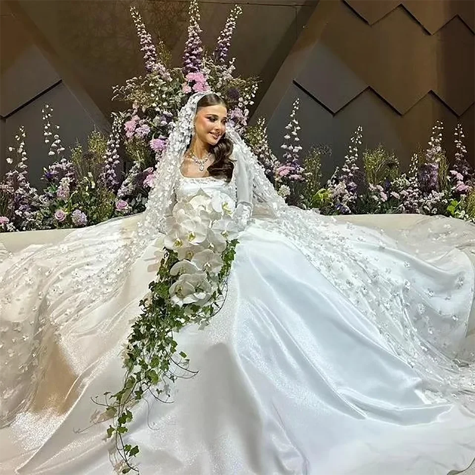 Maßgeschneiderte Blumenapplikationen Ballkleid Satin Hochzeitskleid 2026 Prinzessin Quadratischer Ausschnitt Lange Ärmel Brautkleider Vestidos De Novia – Detail 7