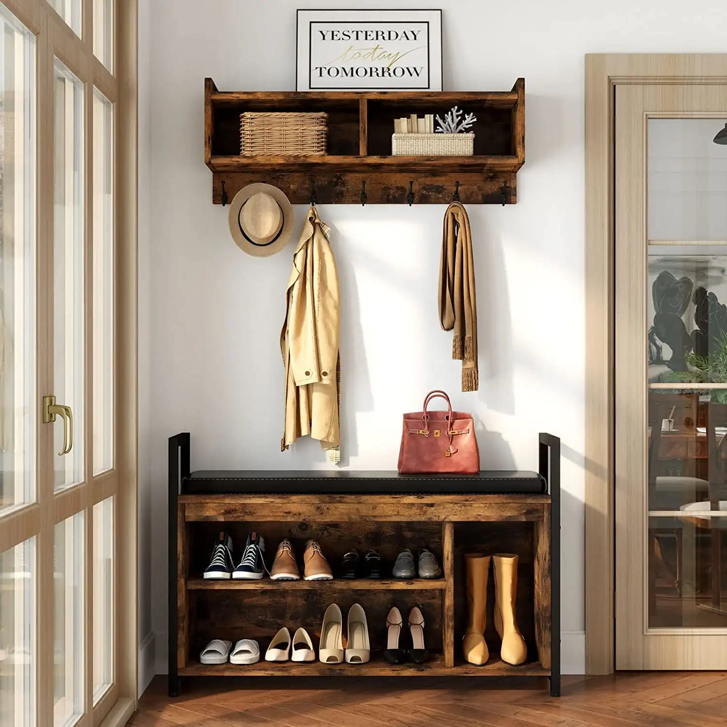 

DEXTRUS Industrial Entryway Hall Tree Garment Coat Rack with Shoe Bench, Storage Shelves and 7 Hooks for Hallway