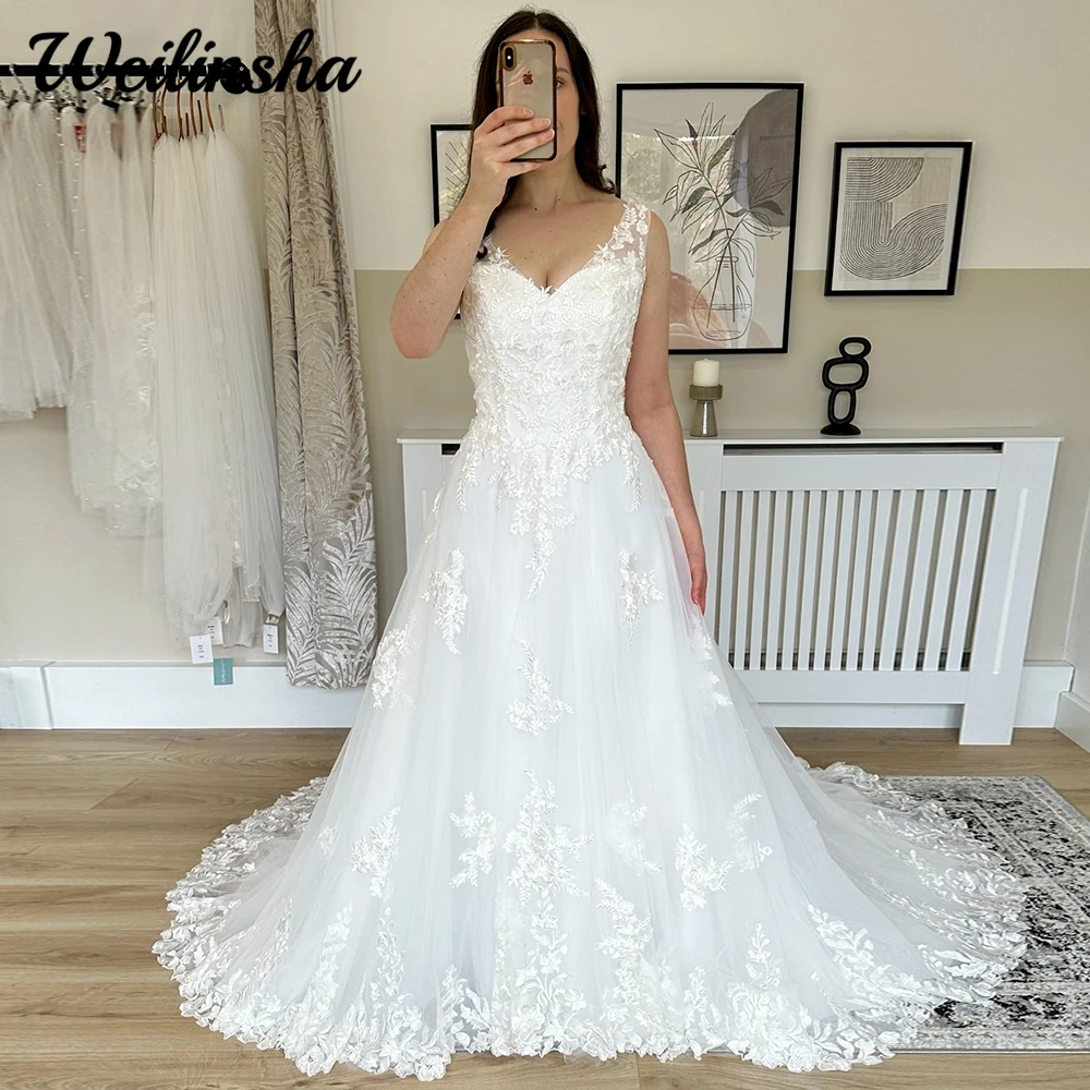 

Weilinsha Appliques Wedding Dress 2024 Classic A Line Tulle Bridal with V Neck and Chapel Train Lace Up Back Custom Made