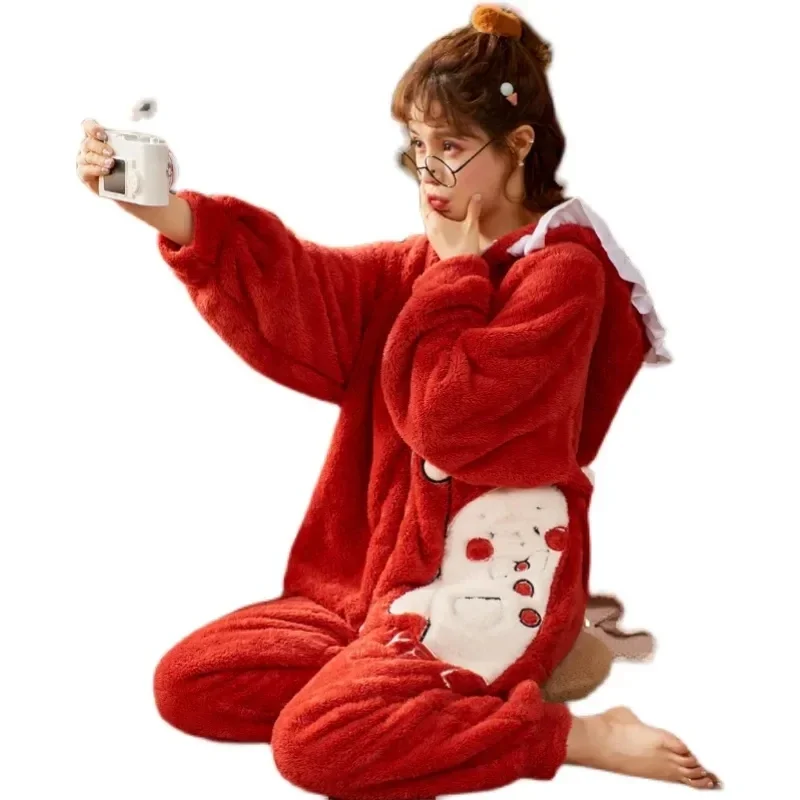 

9911-8Siamese coral fleece pajamas ladies autumn and winter thick winter Santa cute cartoon flannel home service