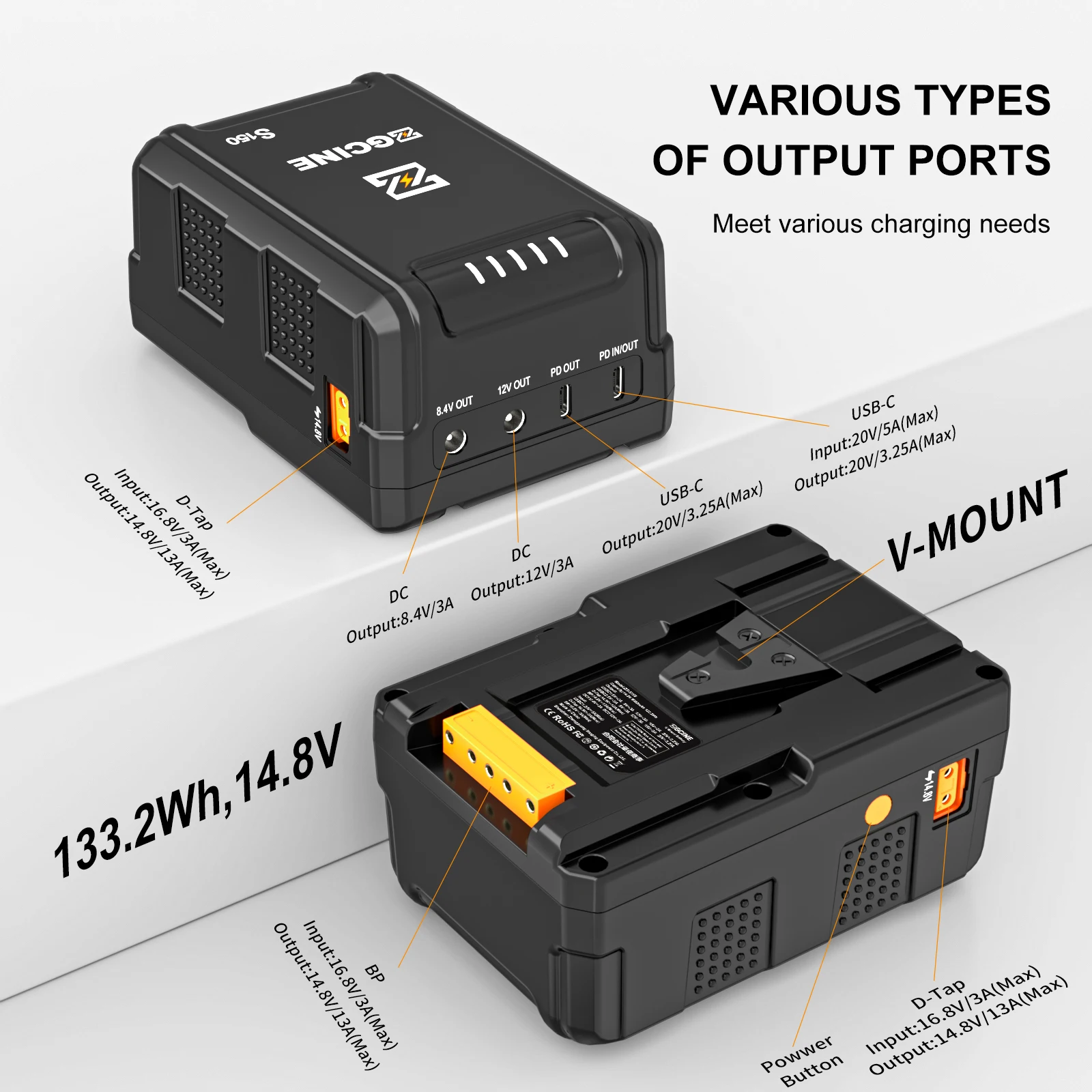 Description Picture 2 of itemZGCINE ZG-S200 199.8Wh V Mount Battery 14.8V V Lock V Shape Rechargeable Li-ion Battery PD Fast Charging For camera DSLR