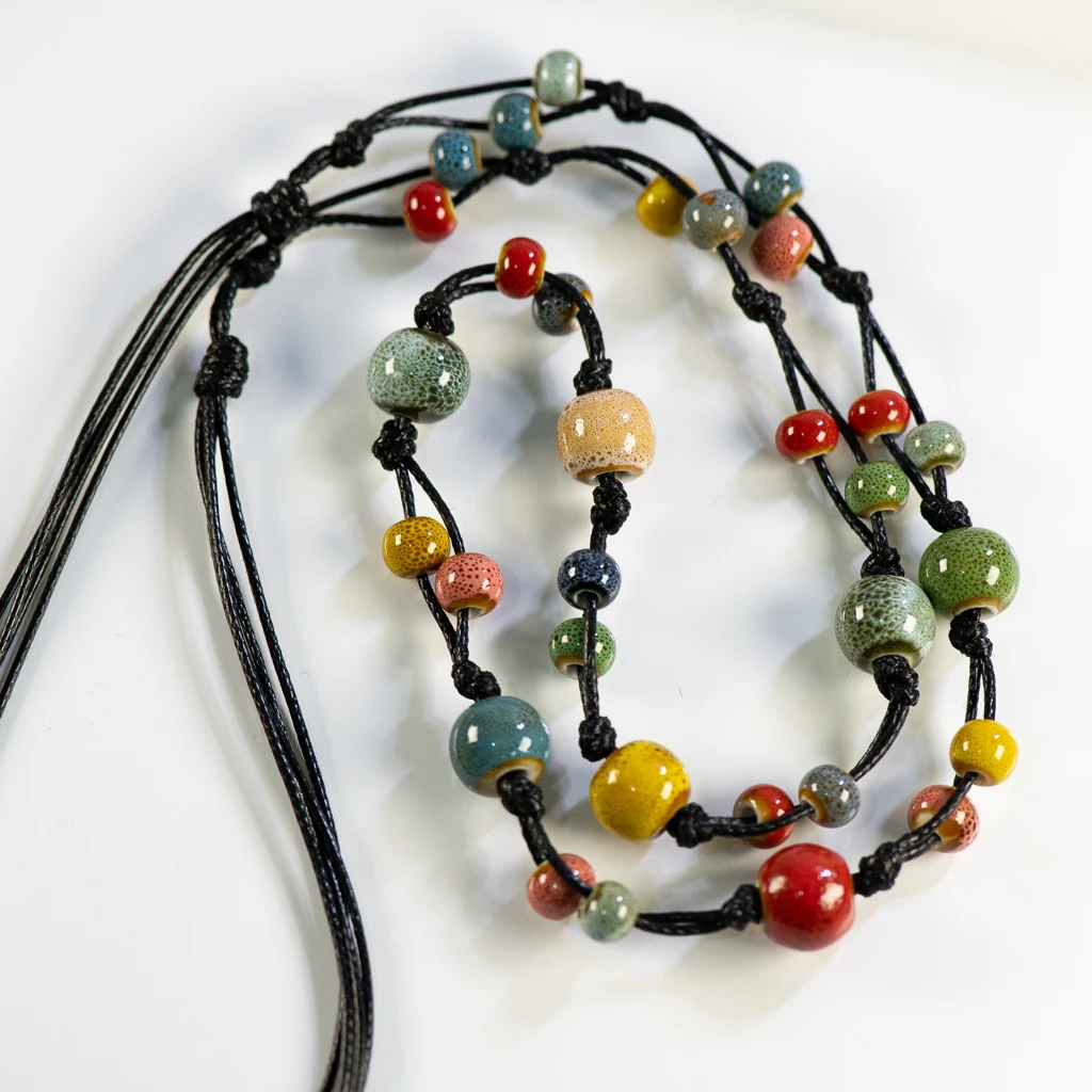 Handcrafted Bohemian Ceramic Necklace with Adjustable Wax Cord