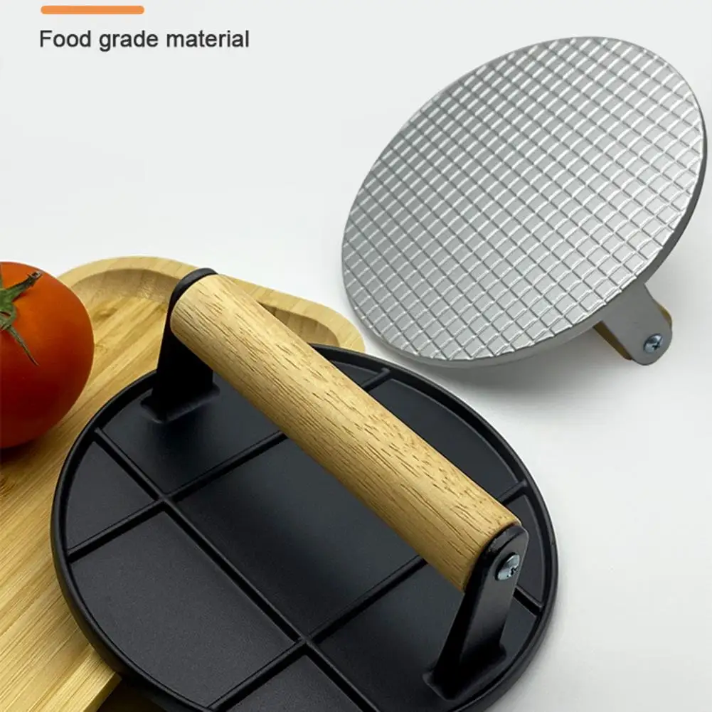 Round Big BBQ Tool Cast Iron Wooden Handle Steak Plate Meat Press Grill Meat Squid Fried Steak Barbecue Pressing Board