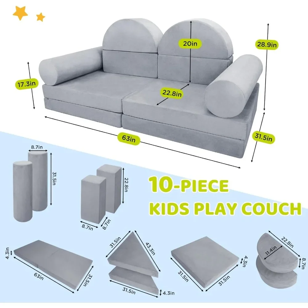 Kids Couch Sofa 10PCS, Premium Toddler Couch Fort for Child Teens, Modular Kids Couch Furniture, Grey 2