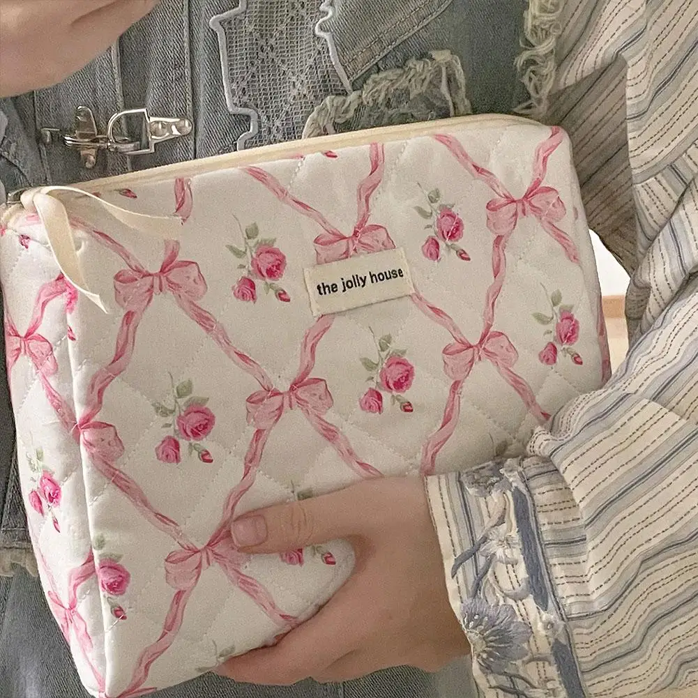 Women Cute Bow Flower Zipper Quilting Cotton Makeup Bag