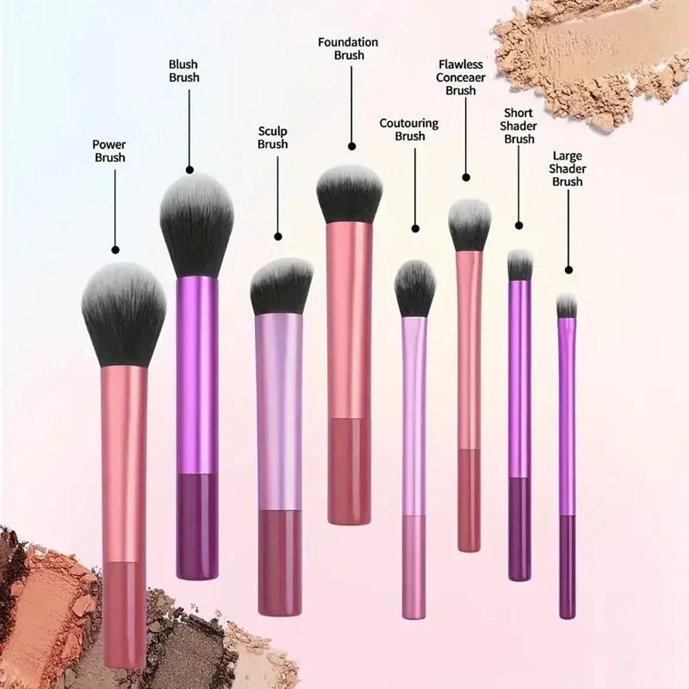 Set di 8 Pennelli per Trucco in Vari Colori, Setole Sintetiche Morbide, Pennelli per Fondotinta, Blush, Ombretto, Strumenti Cosmetici - immagine 4