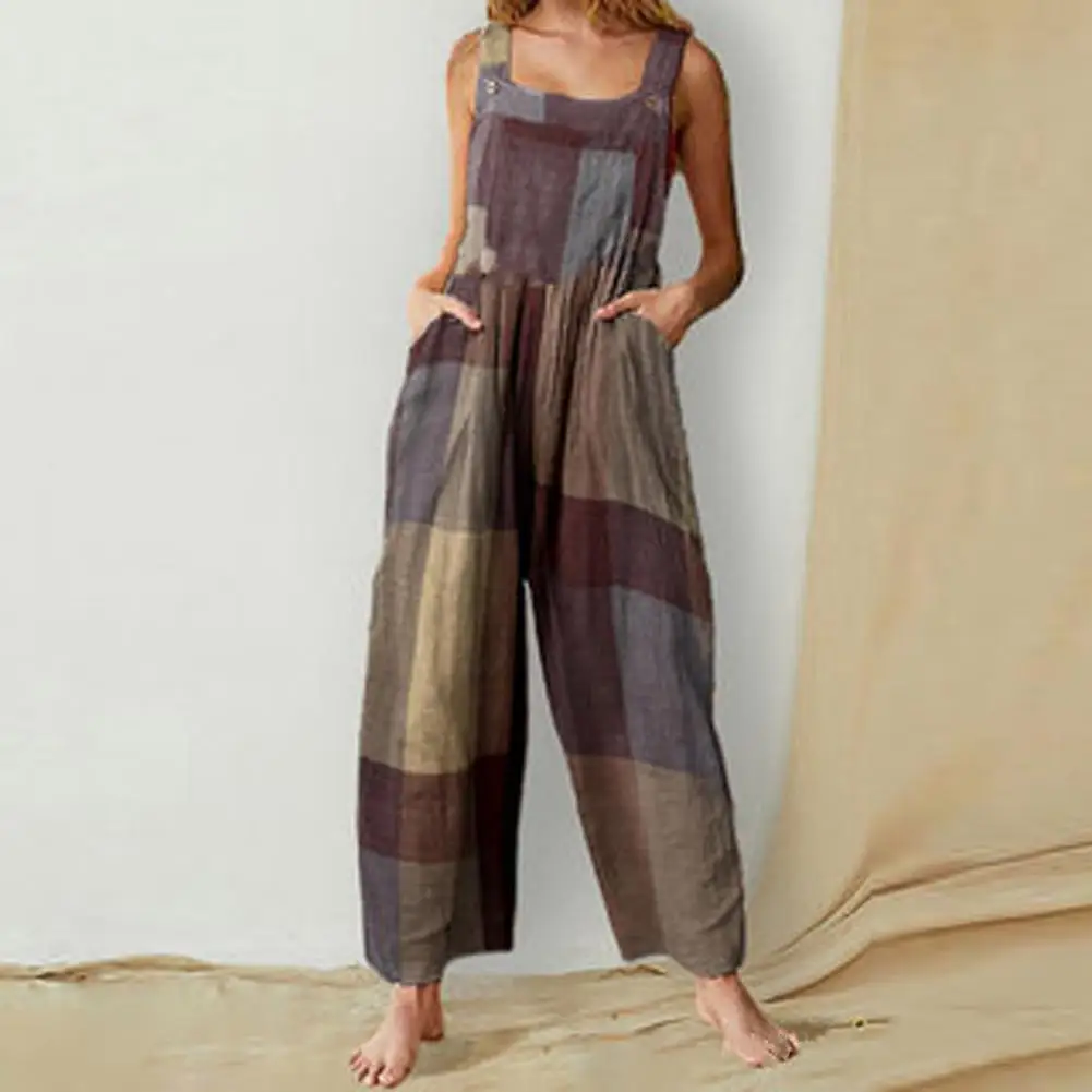 

Thin Summer Jumpsuit Retro Plaid Pattern Suspender Playsuit Backless Suspender Jumpsuit Wide Leg Overalls Jumpsuit