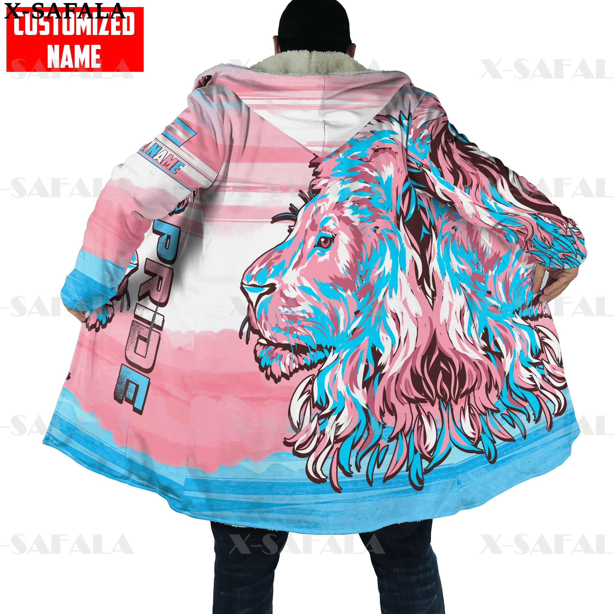 

LGBT Lion PRIDE Rainbow Love Is Love Print Thick Warm Hooded Cloak Men Overcoat Coat Windproof Fleece Cape Robe Blanket-2