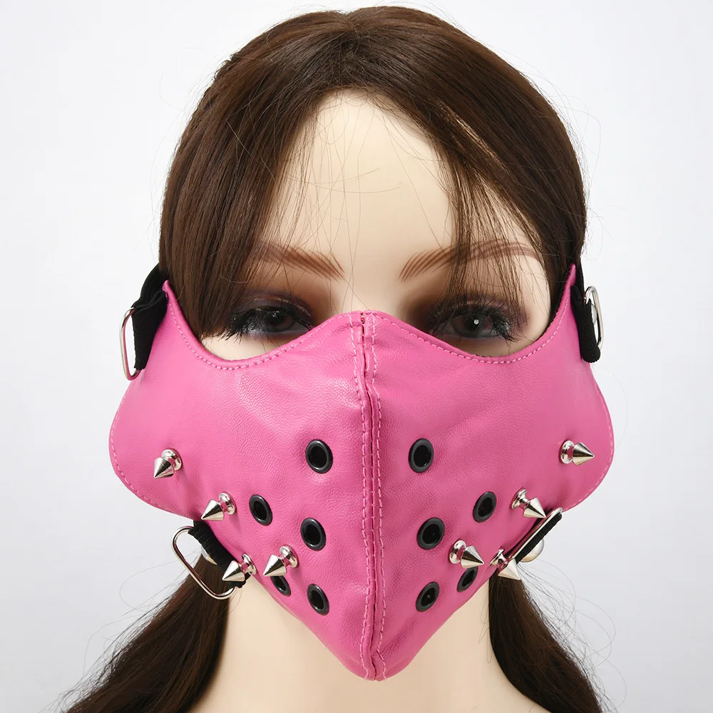 Men Women's Pink PU Leather Rivet Rock Mask Lady's Breathable Party Cosplay Halloween Mouth-muffle R1546