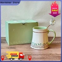 Mug isotherme en céramique à motif printanier 2026 avec paille en verre, couvercle réutilisable et décor brodé, idéal pour le bureau et l'extérieur 2