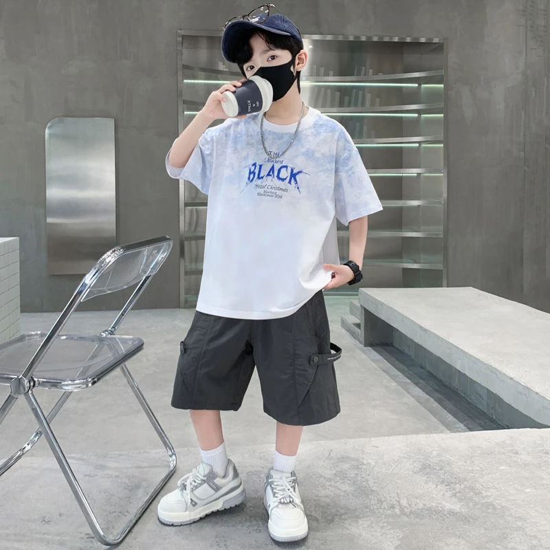 Teen Boys 2 Piece Summer Outfit Tie Dye Crewneck T-Shirt and Casual Cargo Shorts Set Big Kids Fashion Daily Street Outings Wear 4