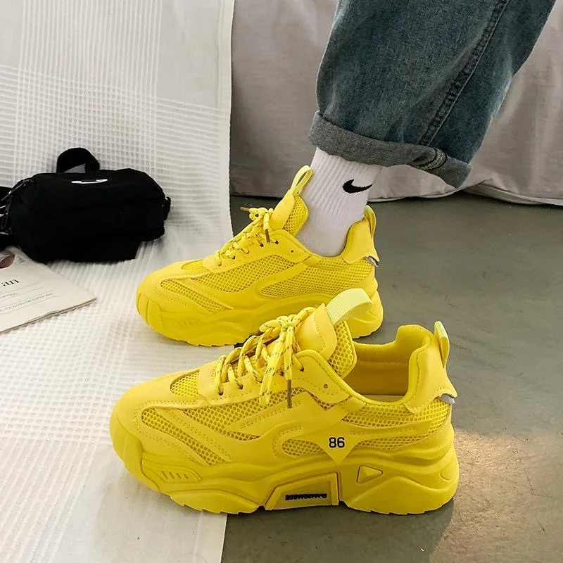 

Oraqwlj New Women Shoes Fashion White Chunky Sneakers Korean Breathable Height Increased Non-slip Casuals Shoes Yellow Sneakers