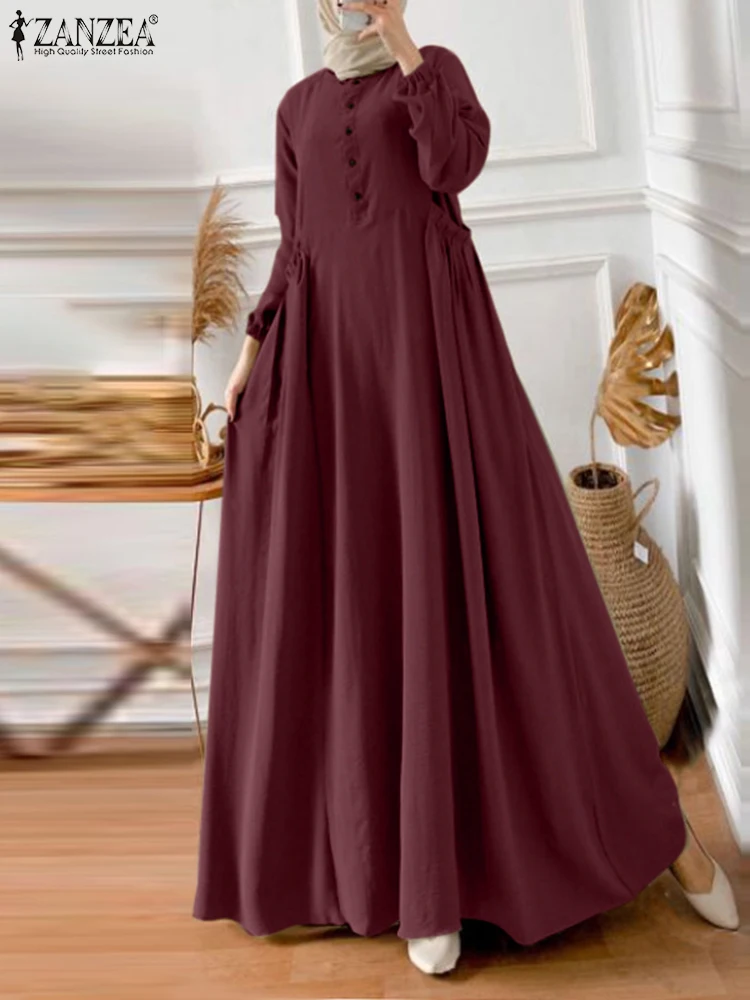 Elegant Fashion Autumn Maxi Dresses ZANZEA Women 2025 Long Sleeve Solid Sundress IsIamic Robe Muslim Abaya Dress A Line Vestidos - Image 5