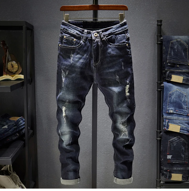 Distressed Jeans Men Dark Blue Stretch Slim Fit Hip Hop Destroyed Broken Holes Ripped Man Denim