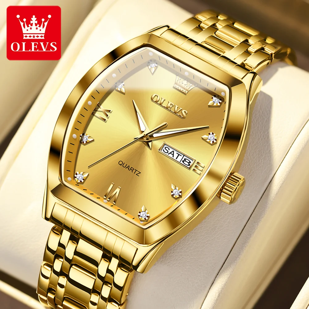OLEVS Luxury Watches for Men Gold Tonneau Dial Elegant Stainless Steel Double Calendar Waterproof HD Luminous Quartz Wristwatch
