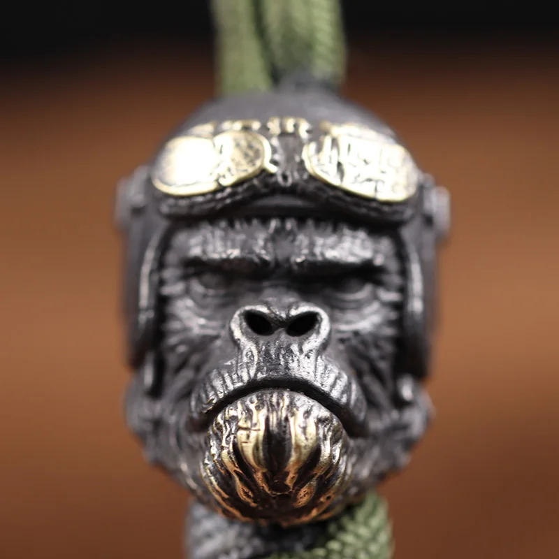 Pilot Helmet Gorilla Head Sculpture Brass Knife Bead Animal Orangutan EDC DIY Woven Paracord Lanyard Charms Pendants Accessories