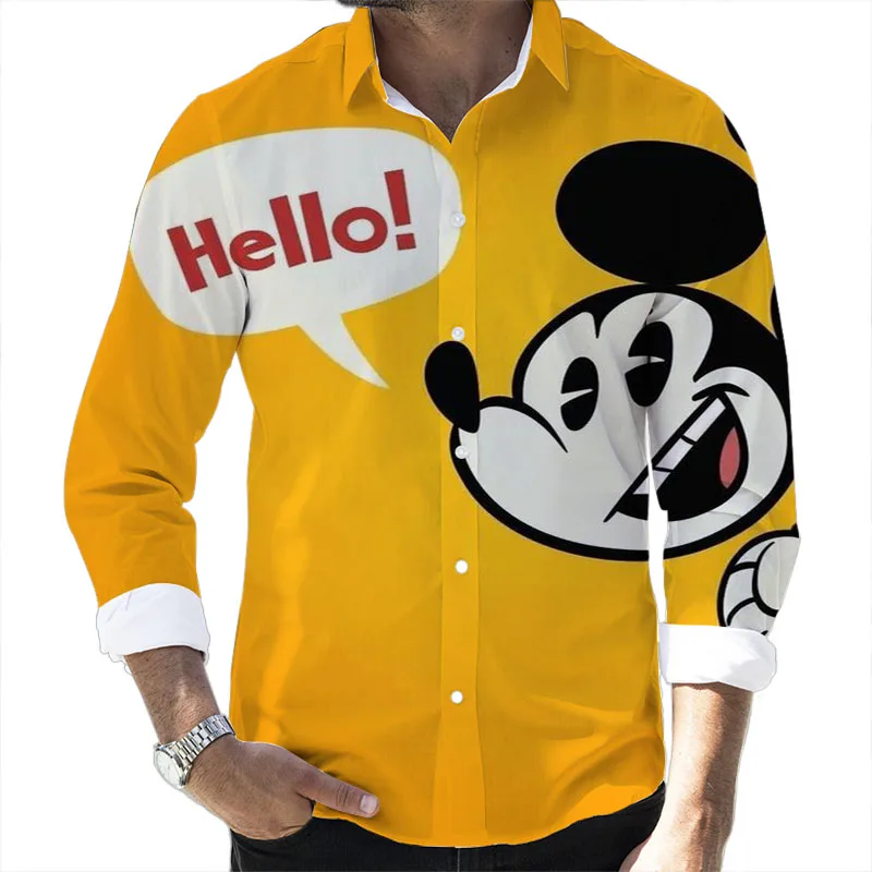 

Fall 2022 New Disney Cartoon Casual 3D Printed Long Sleeve Lapel Shirt Slim Fit Mickey and Stitch Brand Men's Top