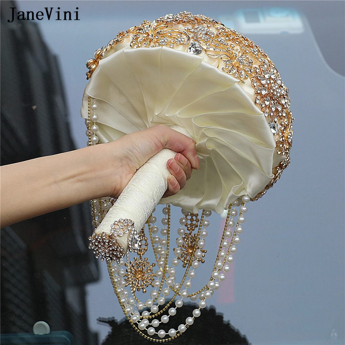 JaneVini Luxury Full Diamond Bridal Bouquets with Gold Jewelry Ivory Satin Roses Pearls Tassels Bride Flower Bouquet for Wedding