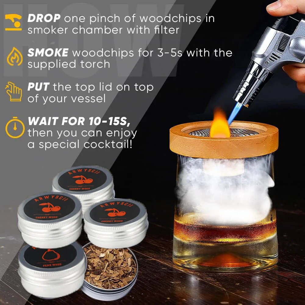 Cocktail Smoker Kit with Apple Cherry Oak Pecan Wood Chips for Bar Drinks
