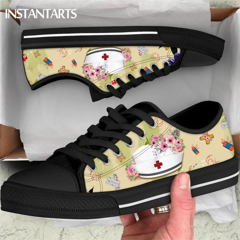 

INSTANTARTS Floral Nurse Hat Design Ladies Low-top Canvas Shoes Lace-up Sneakers for Women Girls Nursing Shoes Footwears 2023