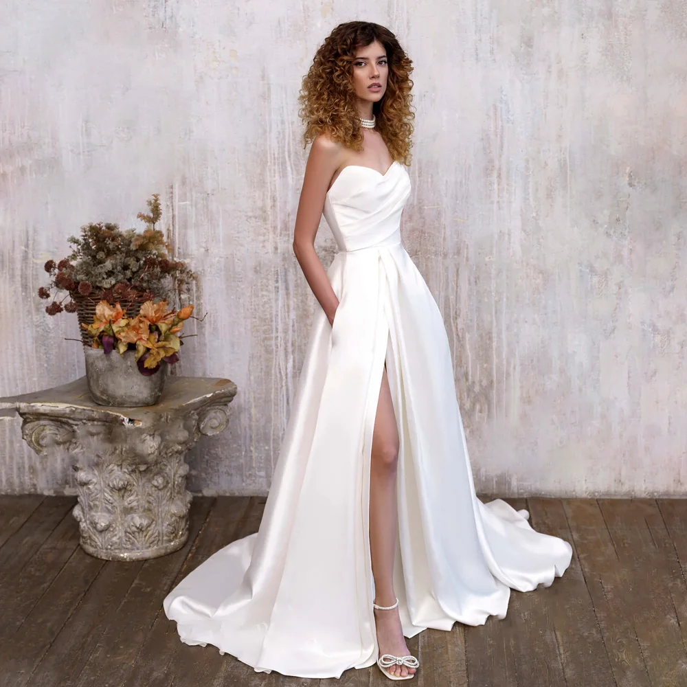 

Furtanseo Princess Satin Wedding Dress Vestido De Novia 2023 Backless Split Simple A-Line Sweetheart Bride Gown Court Train
