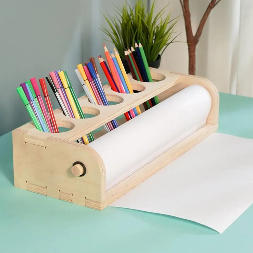 Wooden Paper Dispenser Desktop Paper Roll Holder Drawing Roll Organizer with Pen Holder for School Art Studio Home