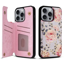 Elegant Flower Design Leather Wallet Card Holder Phone Case with Double Buckle Closure - iPhone 12 12 Pro (A)