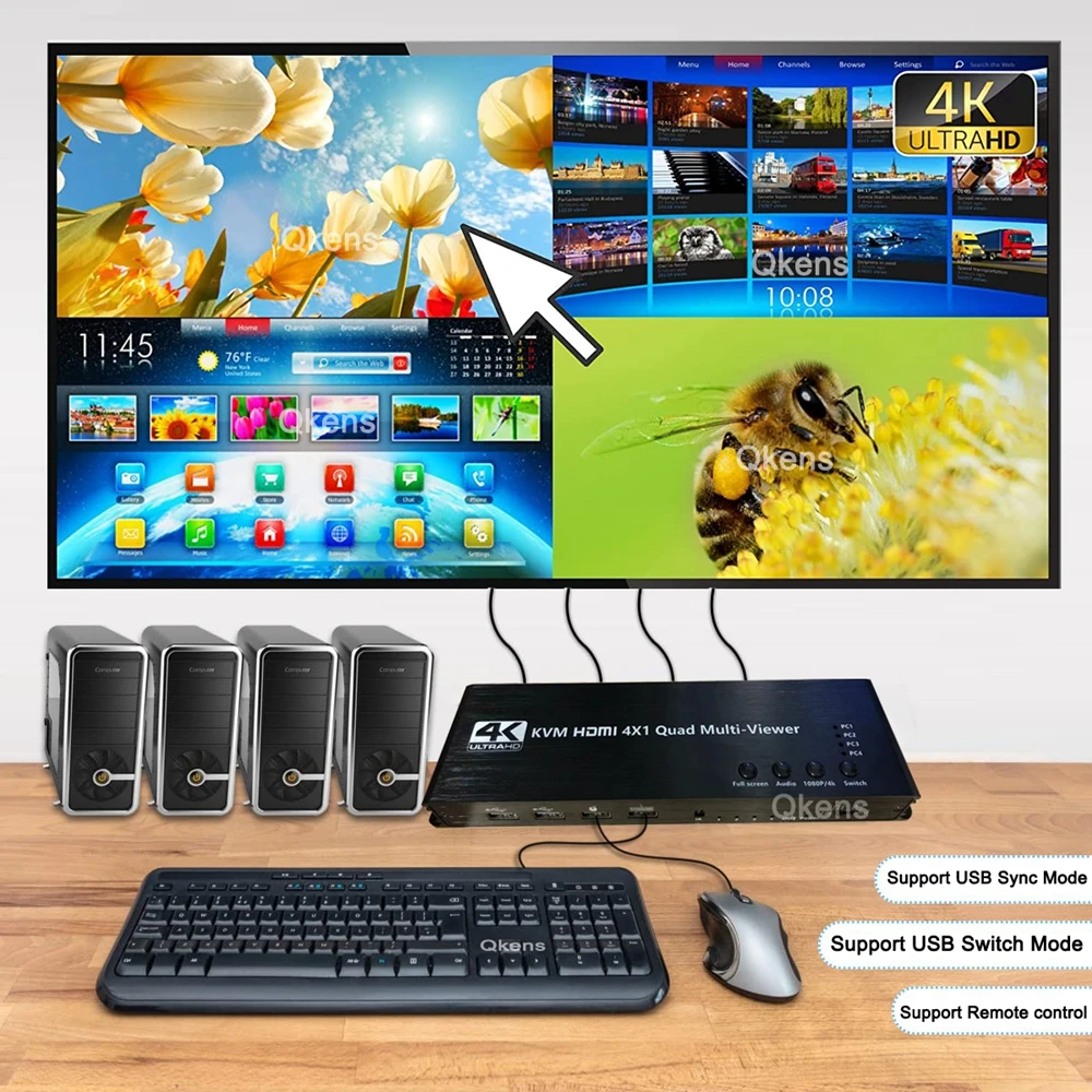 4 in 1 Out KVM HDMI Multiviewer Seamless Switch 4K 4X1 HDMI Quad Multi-viewer Mu