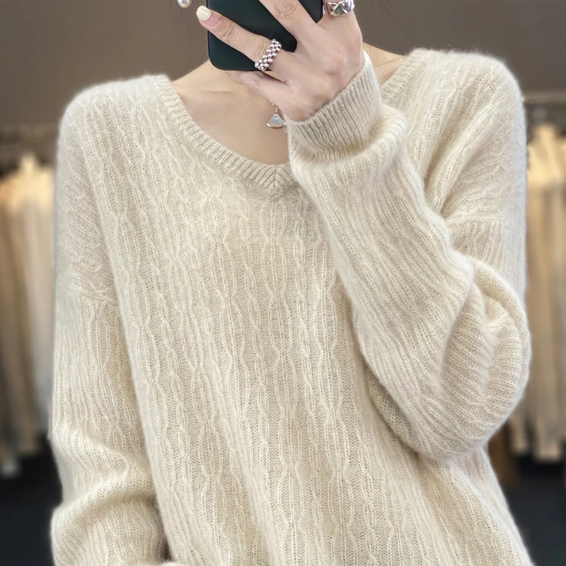 

Leisure V-neck 100% Beautiful Nuo Wool Sweater Women's New Knitted Long Sleeve Pullover Women's Pure Wool Sweater Loose Coat Top