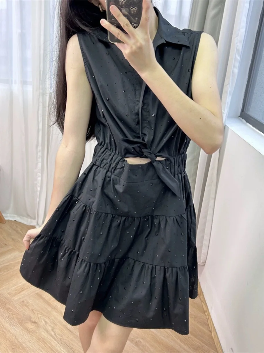 

Женское черное платье-рубашка, Элегантное летнее платье мини с поясом на резинке и отложным воротником, 2024